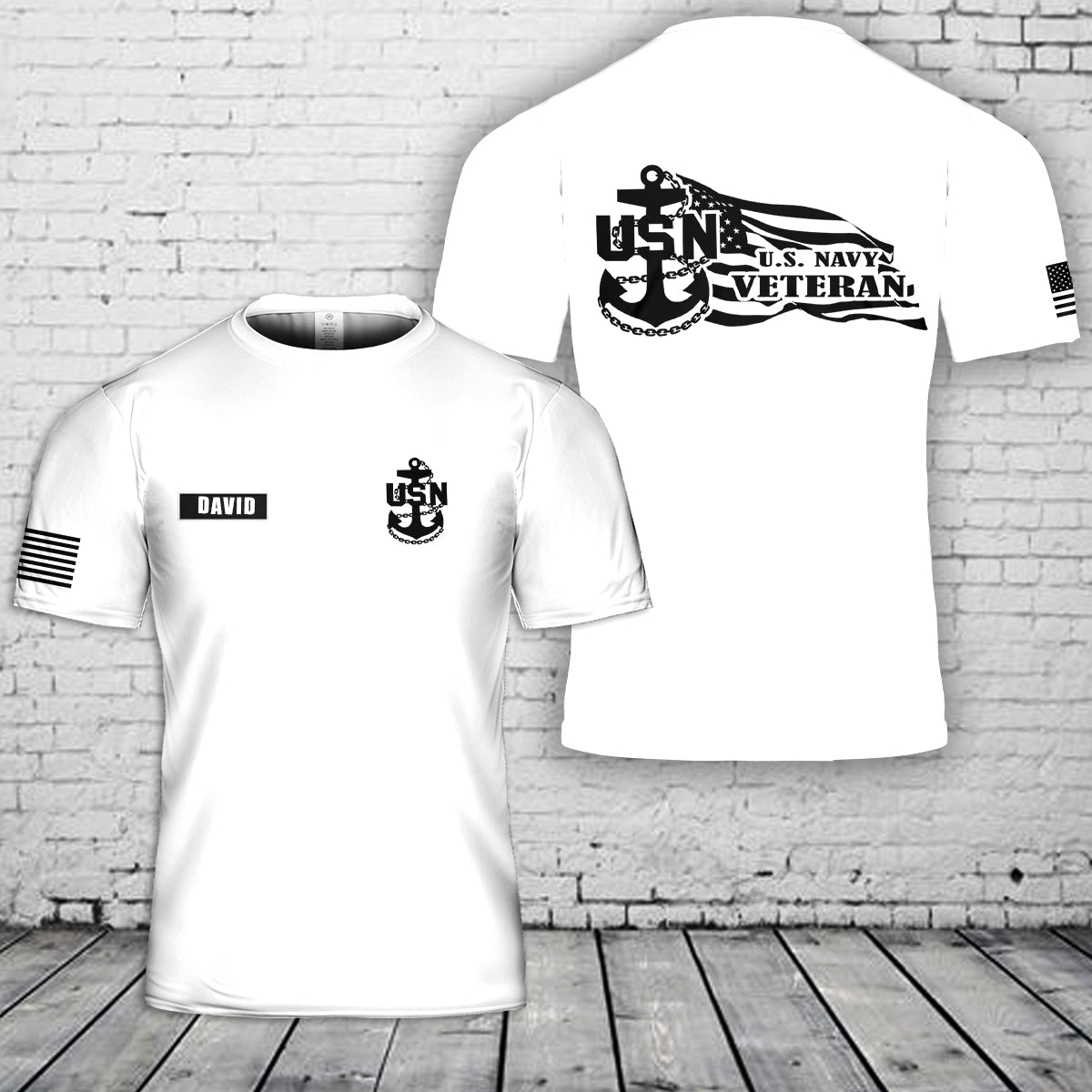 Custom Name US Navy Chief Anchor Veteran with American Flag 3D T-Shirt