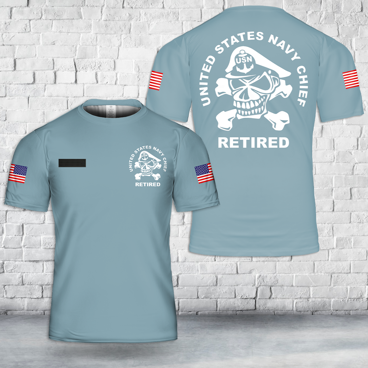 Custom Name US Navy Chief Retired Skull T-Shirt 3D