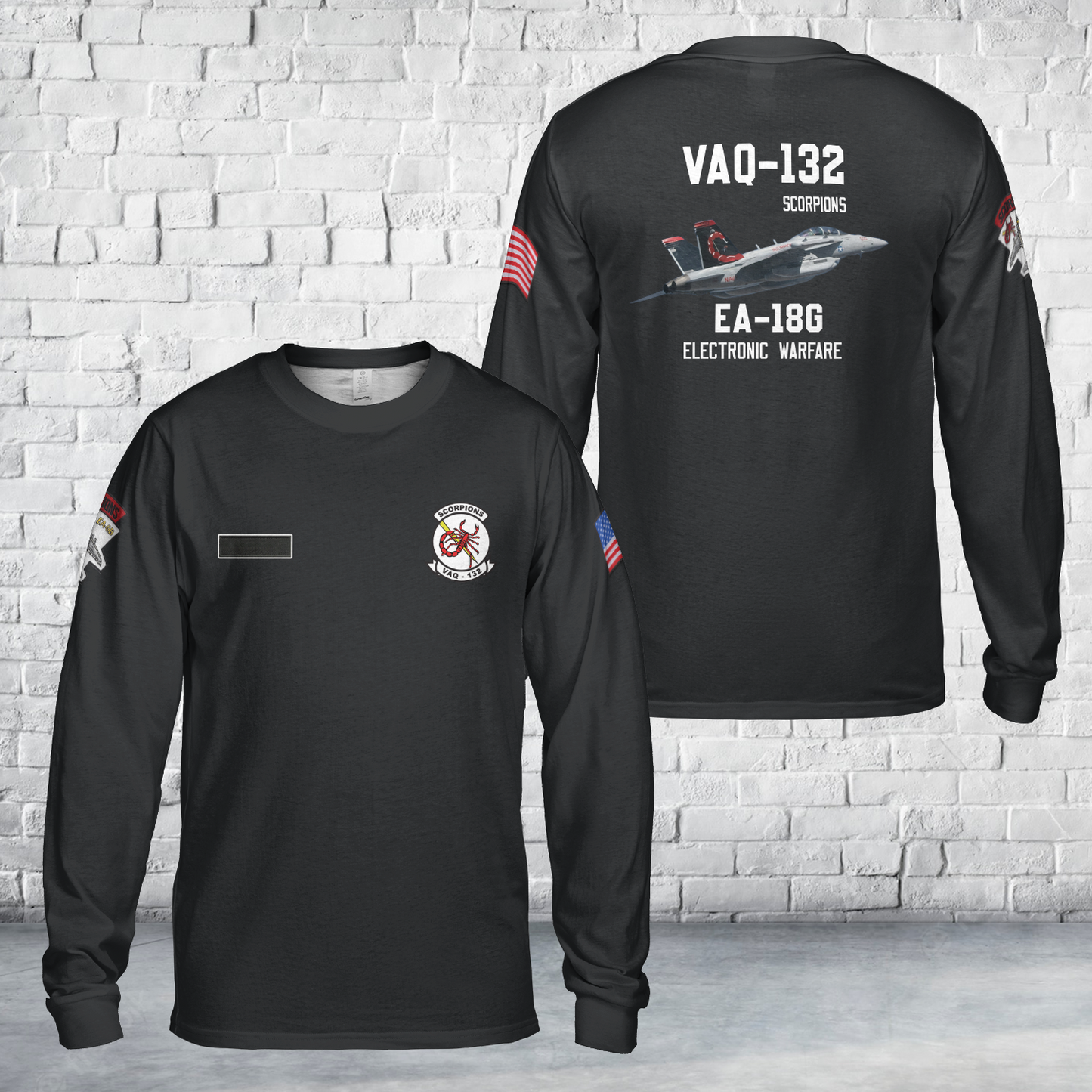 Custom Name US Navy EA-18G Of VAQ-132 "Scorpions" AOP Long Sleeve Shirt