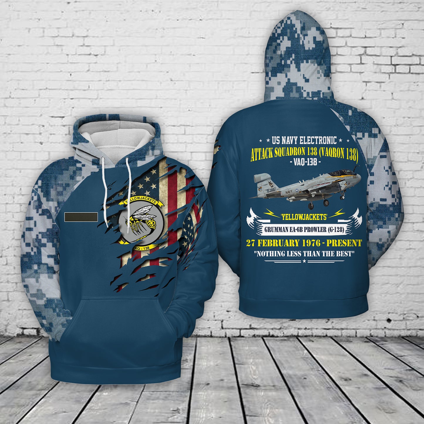 Custom Name US Navy Electronic Attack Squadron 138 (VAQRON 138) VAQ-138 'Yellowjackets' Grumman EA-6B Prowler (G-128) 3D Hoodie