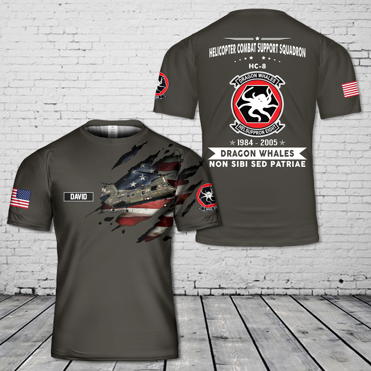 Custom Name US Navy Helicopter Combat Support Squadron 8 Dragon Whales 3D T-Shirt