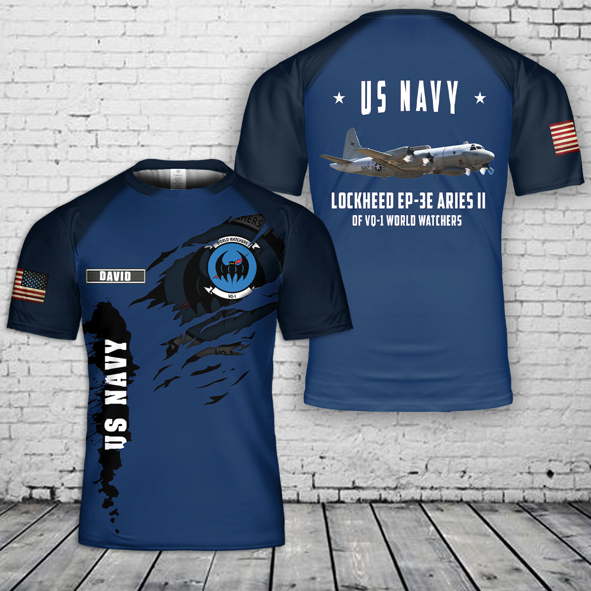 Custom Name US Navy Lockheed EP-3E ARIES II of VQ-1 World Watchers 3D T-Shirt