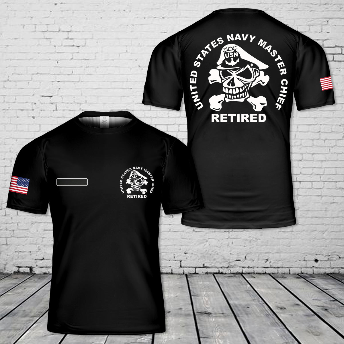 Custom Name US Navy Master Chief 'Skull and Crossbones' Retired T-Shirt 3D