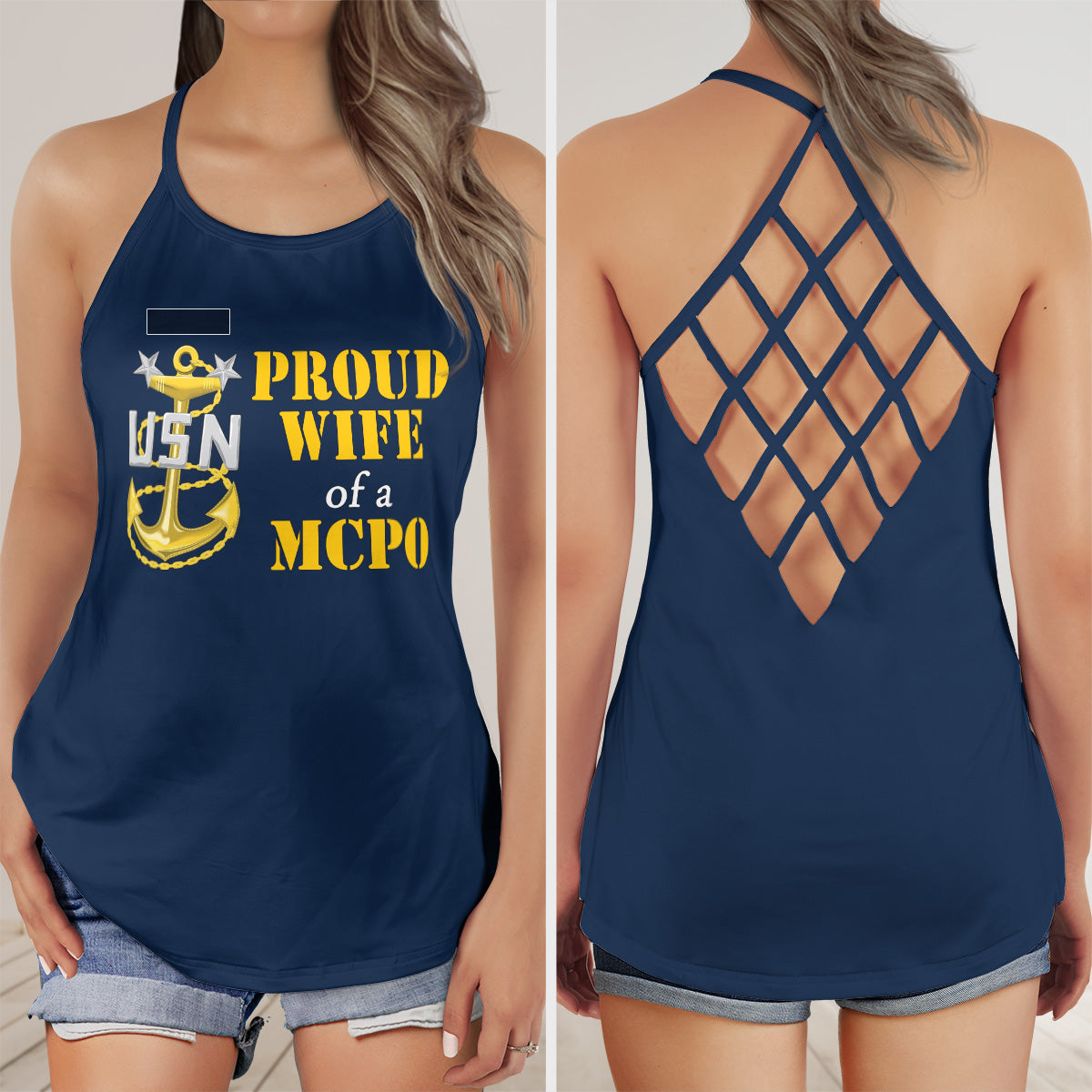 Custom Name US Navy Proud Wife of a MCPO (Master Chief Petter Office) AOP Criss Cross Open Back Tank Top