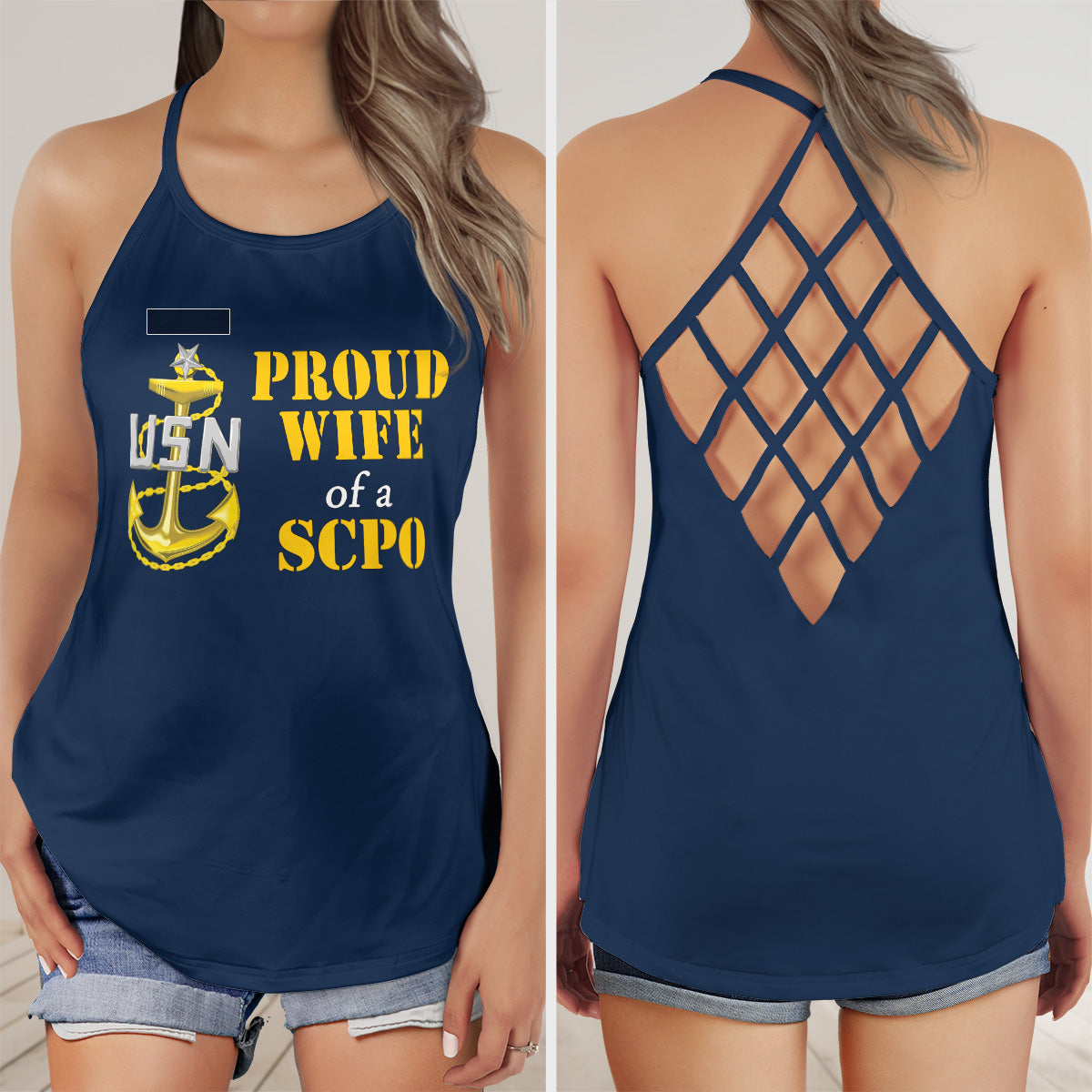Custom Name US Navy Proud Wife of a SCPO (Senior Chief Petter Office) AOP Criss Cross Open Back Tank Top