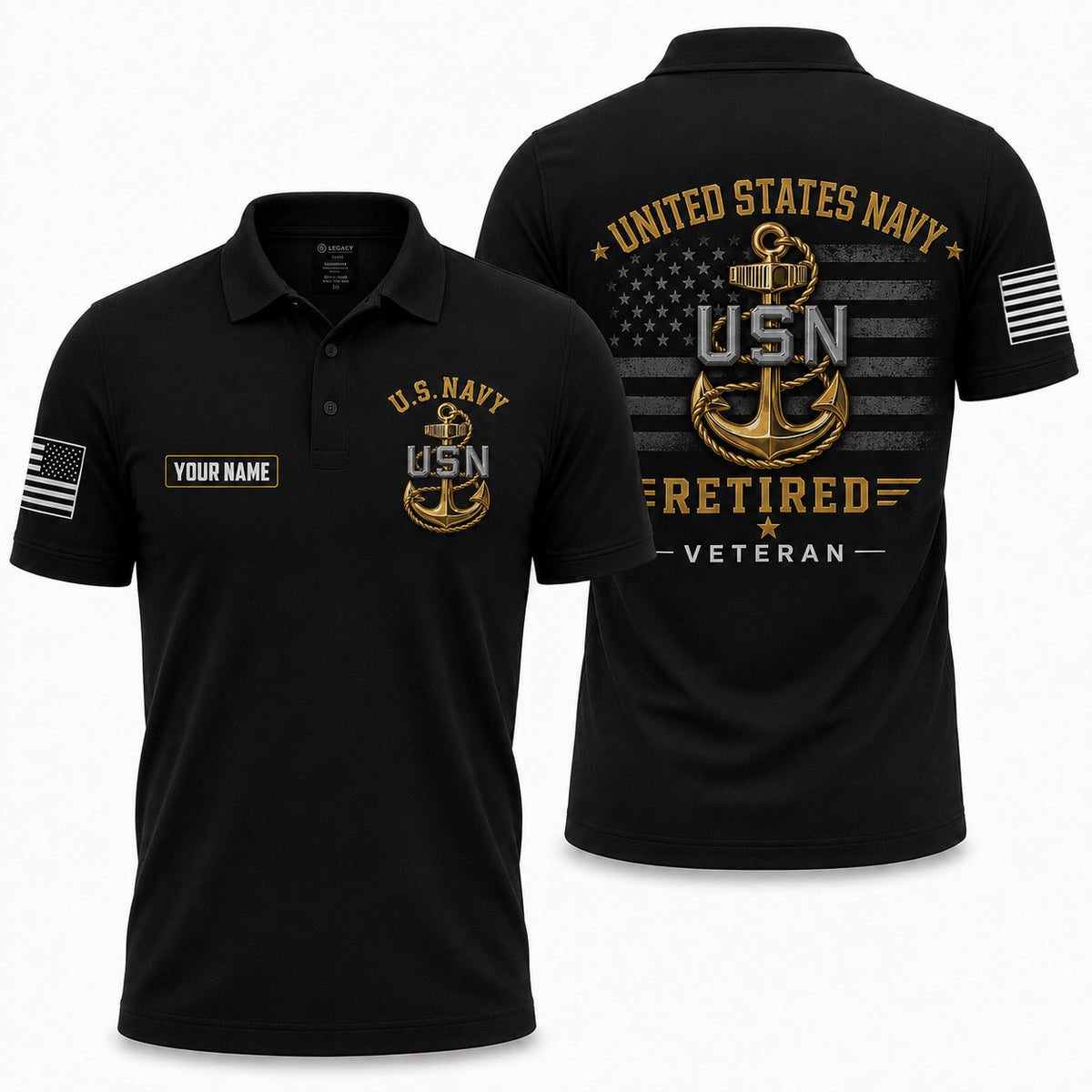 Custom Name US Navy Retired Veteran Polo Shirt