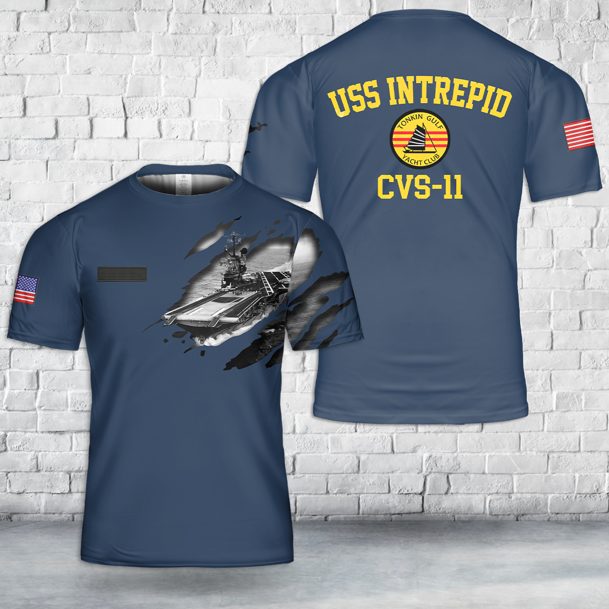 Custom Name US Navy USS Intrepid CVS-11 Tonkin Gulf Yacht Club 7th Fleet Vietnam War T-Shirt 3D