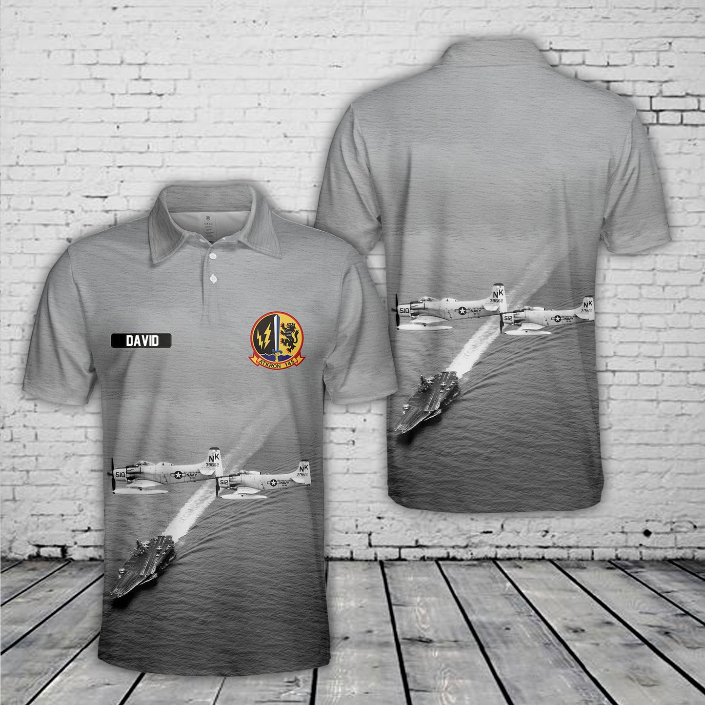 Custom Name US Navy VA-145 A-1H Skyraiders over USS Constellation Polo Shirt