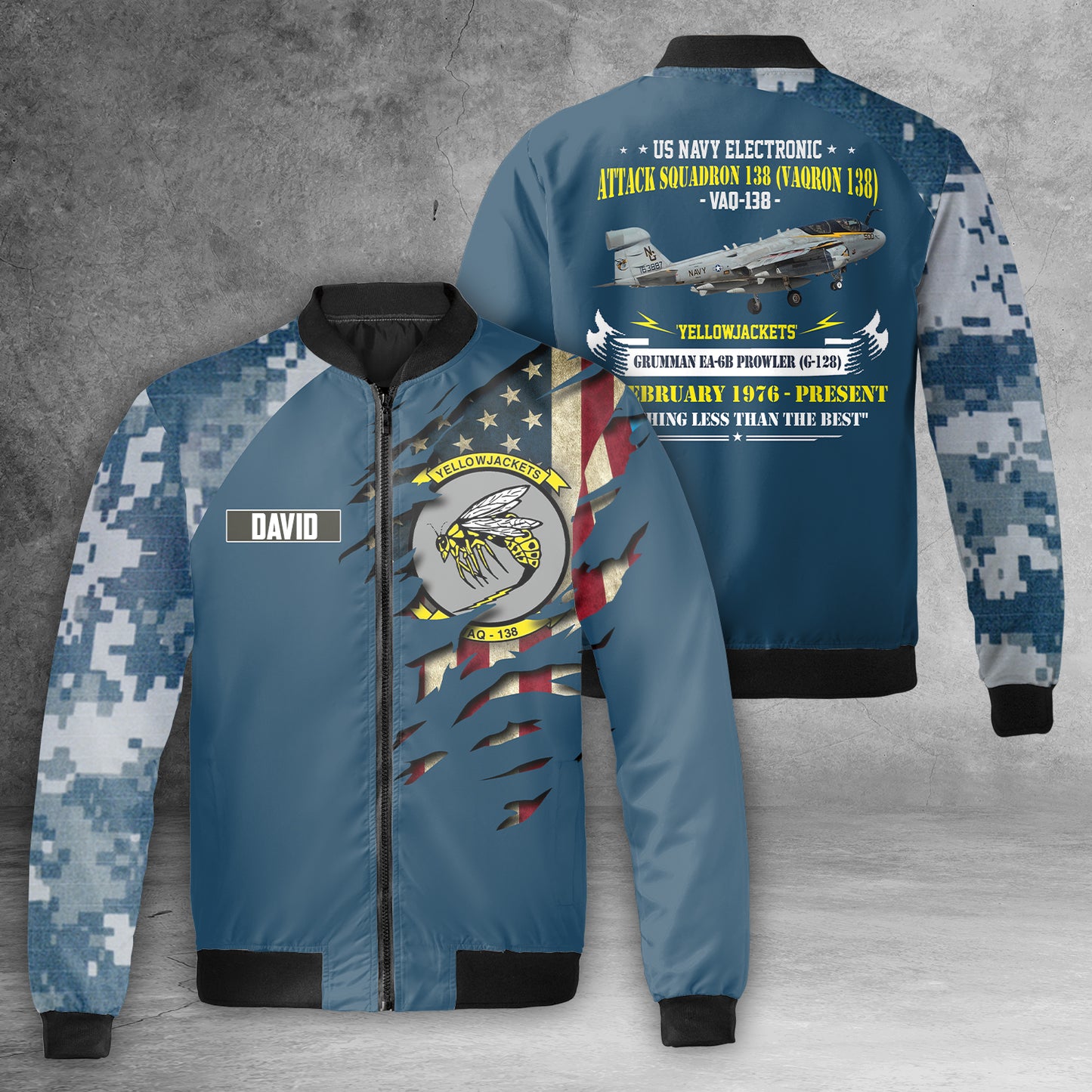 Custom Name US Navy VAQRON 138 VAQ-138 'Yellowjackets' Grumman EA-6B Prowler (G-128) Bomber Jacket
