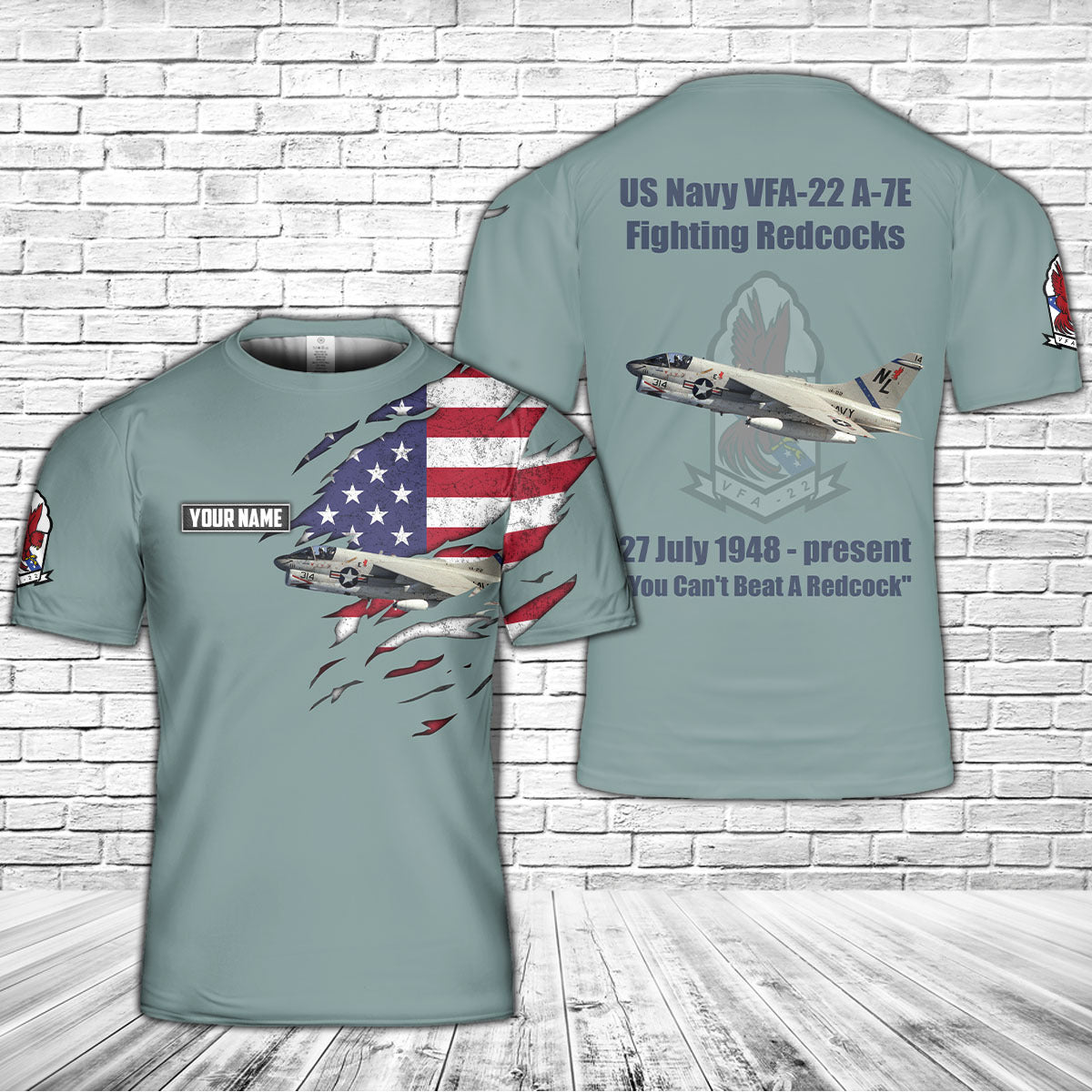 Custom Name US Navy VFA-22 A-7E Fighting Redcocks 3D T-Shirt