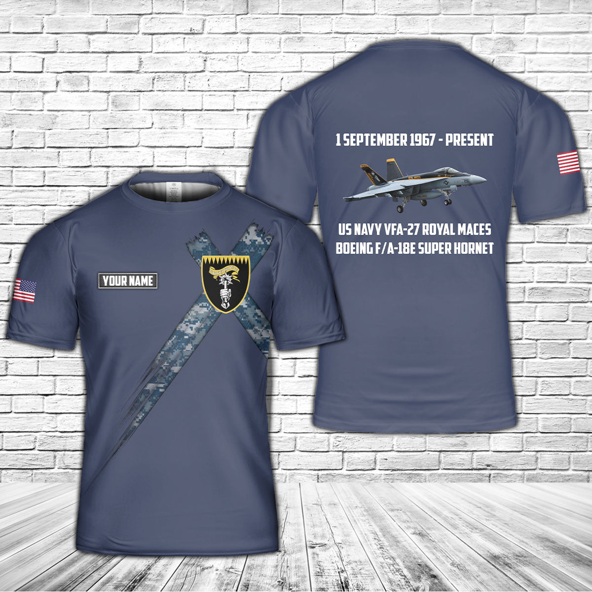 Custom Name US Navy VFA-27 Royal Maces Boeing F A-18E Super Hornet 3D T-Shirt