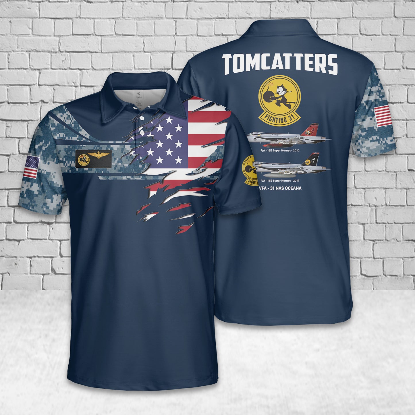 Custom Name US Navy VFA-31 "Tomcatters" F/A-18E Super Hornet Polo Shirt
