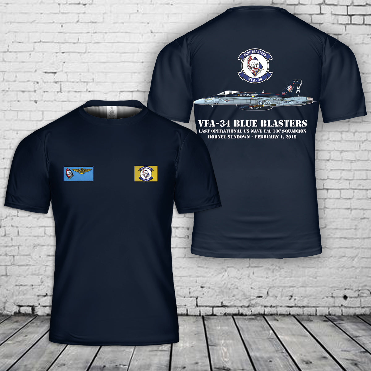 Custom Name US Navy VFA-34 Blue Blasters F/A-18C Super Hornet T-Shirt 3D