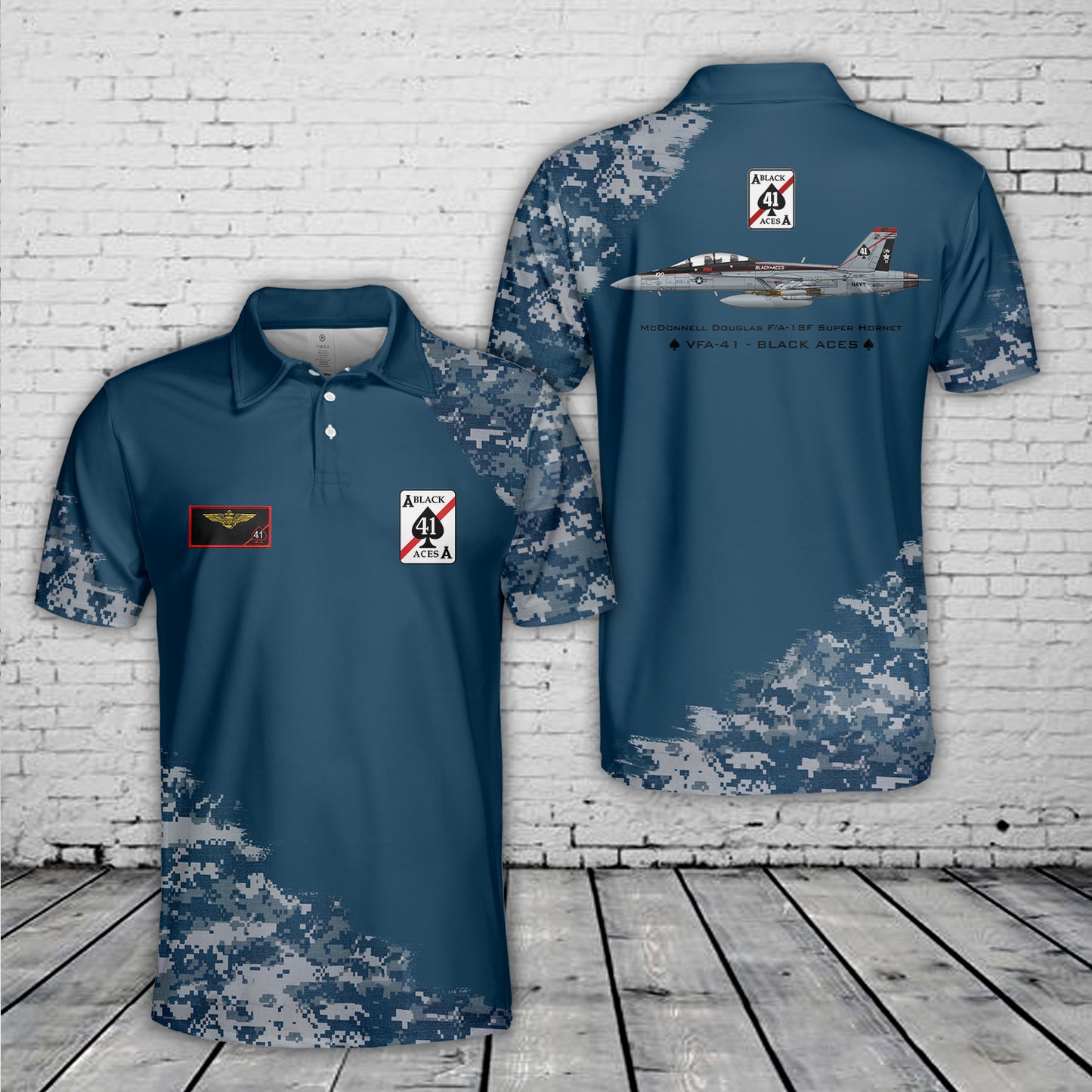 Custom Name US Navy VFA-41 Black Aces FA-18F Super Hornet Polo Shirt