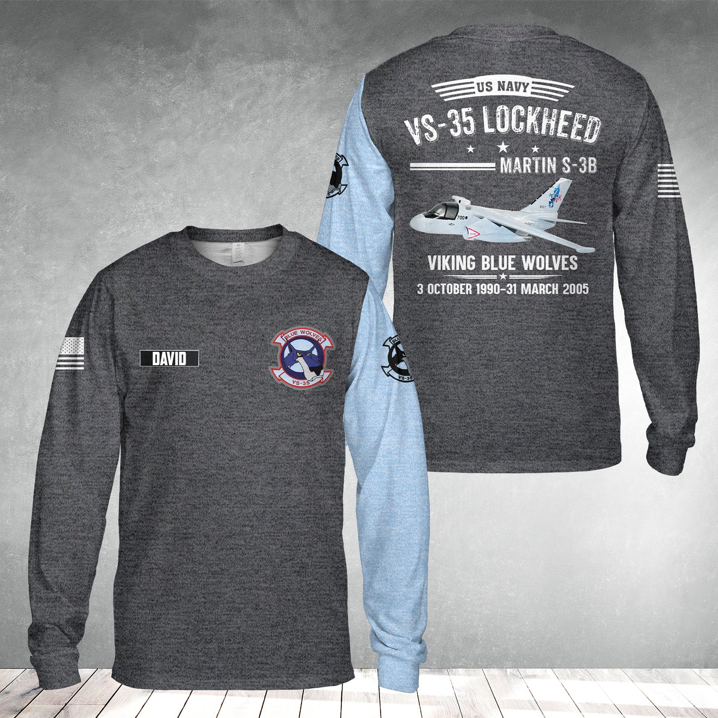 Custom Name US Navy VS-35 (1990-2005) Lockheed Martin S-3B Viking Blue Wolves Long Sleeve Shirt