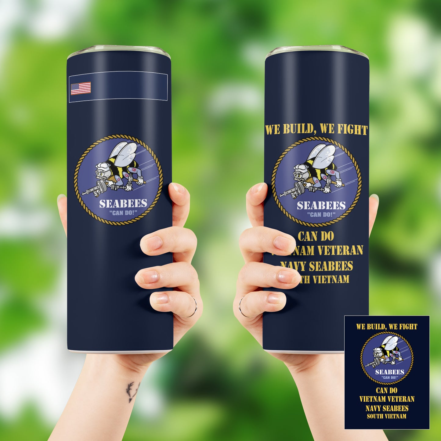 Custom Name US Navy Vietnam Veteran Navy SEABEES South Vietnam Skinny Tumbler Stainless Steel with Lids 20OZ