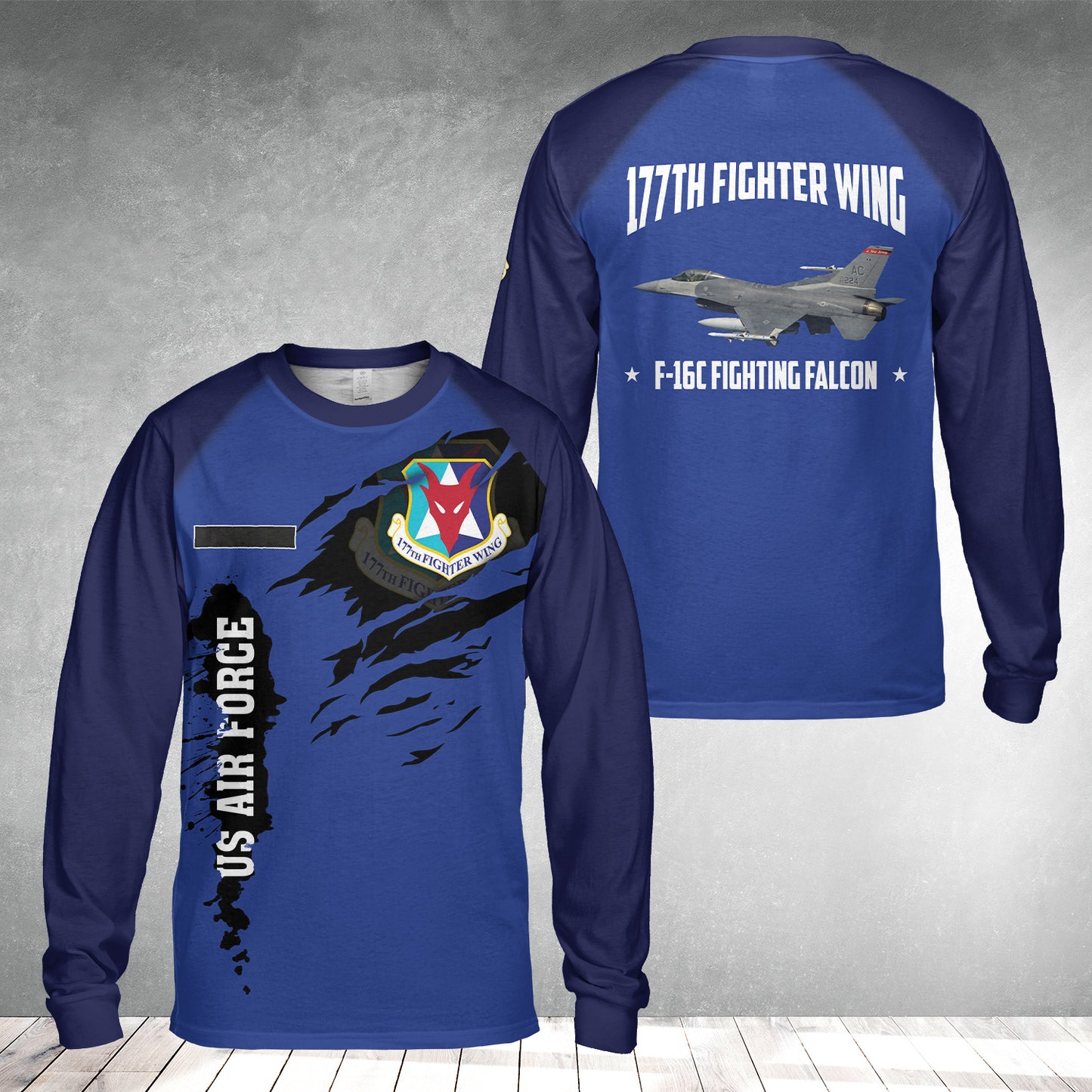 Custom Name US New Jersey Air National Guard 177th Fighter Wing F-16C Fighting Falcon AOP Long Sleeve Shirt