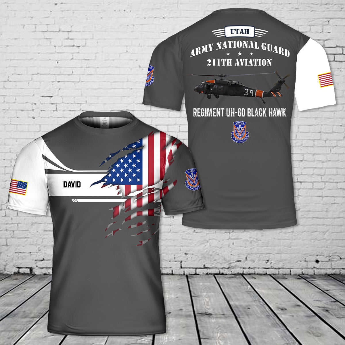 Custom Name Utah Army National Guard 211th Aviation Regiment UH-60 Black Hawk 3D T-shirt
