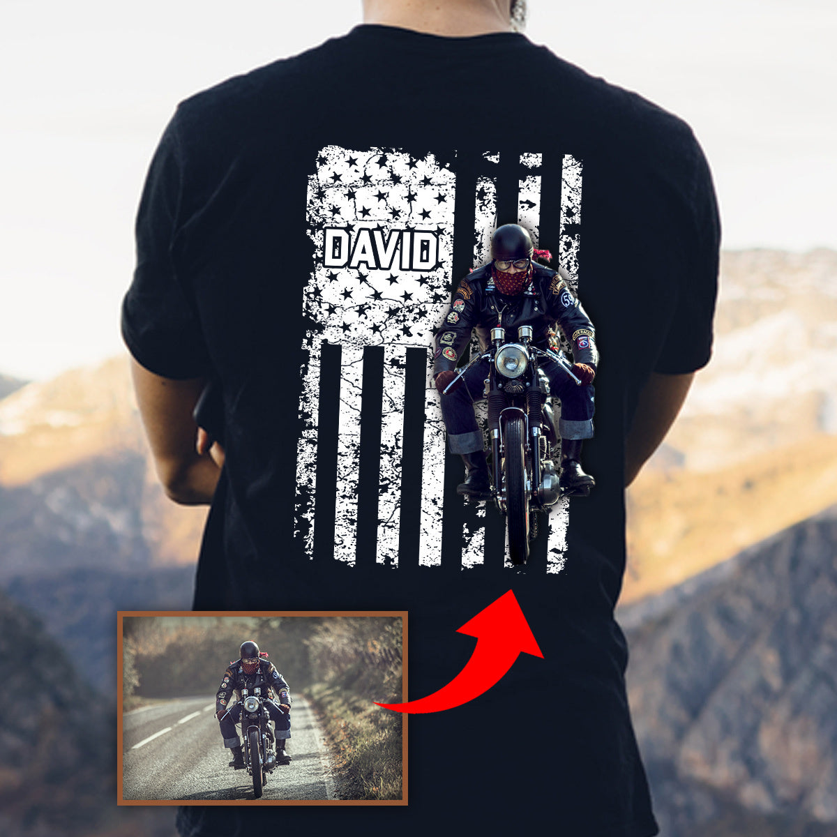 Custom Name & Picture Biker Flag Classic Unisex T-Shirt Gildan 5000 (Made In US) NLMP2805PT01