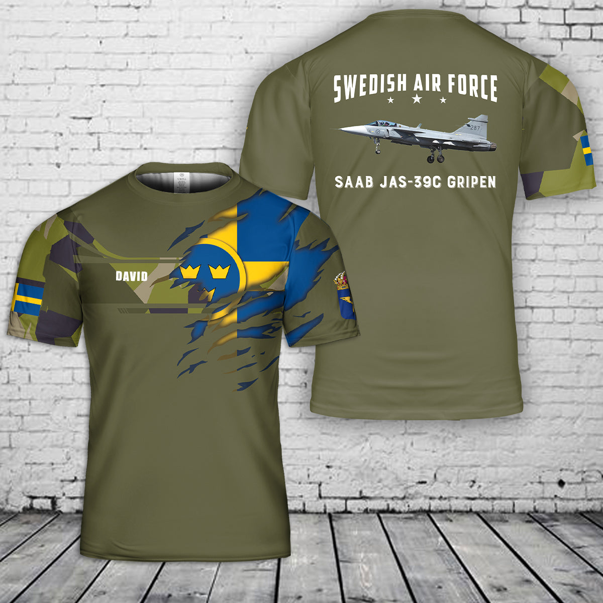 Custom Name & Rank Swedish Air Force Saab JAS-39C Gripen 3D T-Shirt NLSI1703PK02