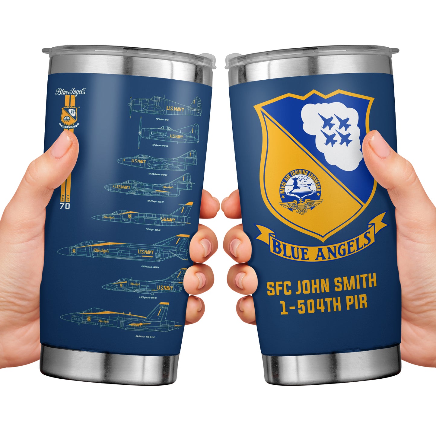Custom Name & Rank US Navy Blue Angels Chronology 70th Blue Print Tumbler 20Oz