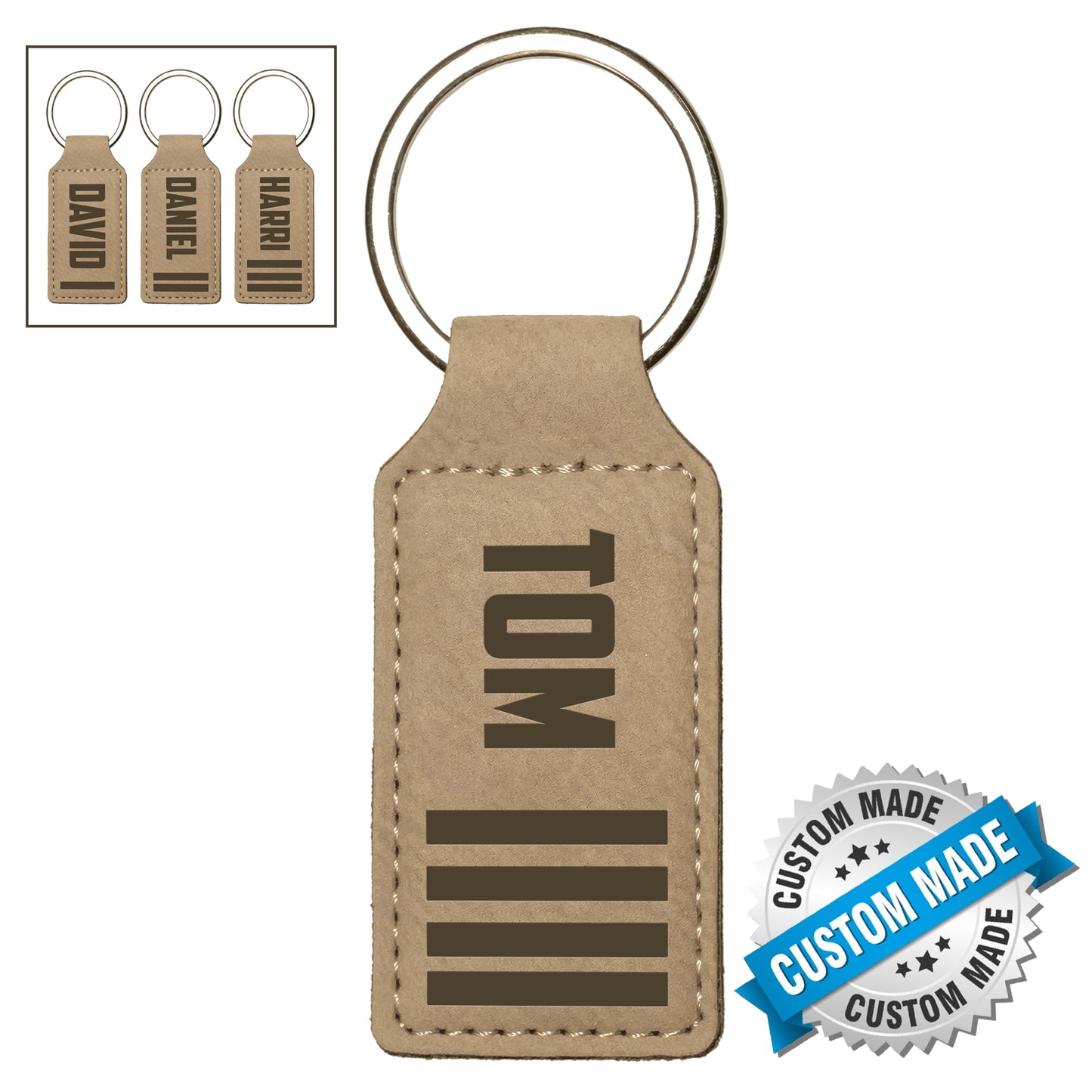 Custom Name & Stripes Rectangle Leatherette Keychain (Made in US) NLMP2603PL11