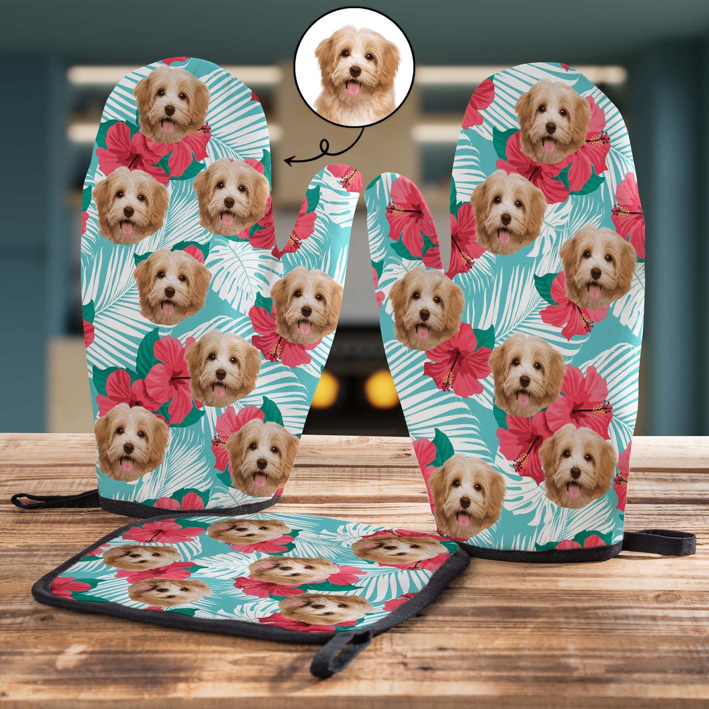 Custom Photo Cute Dog Oven Mitts and Pot Holder Combo