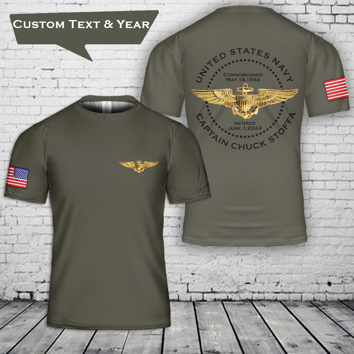 Custom Text & Year US Naval Aviator Wings 3D T-Shirt