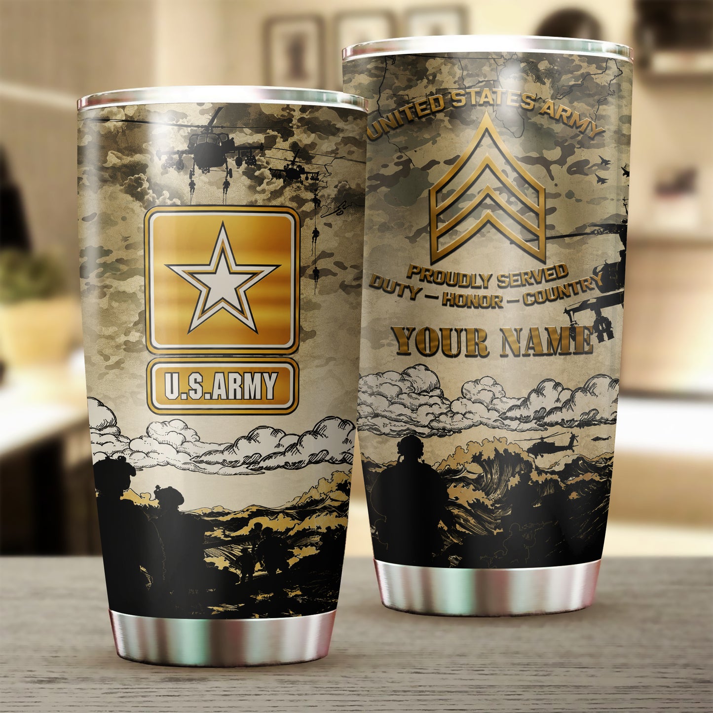 Custom US Army Veteran Proudly Served Military Rank Stainless Tumbler