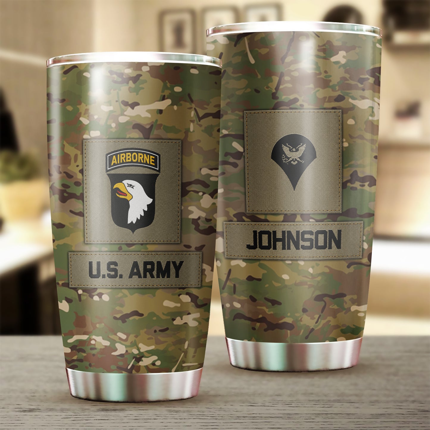 Custom US Army Veteran Division and Rank Stainless Tumbler