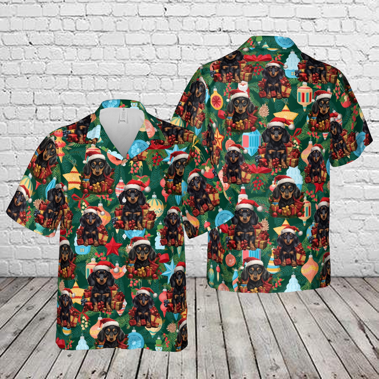 Dachshund Wearing Santa Hat Christmas Hawaiian Shirt