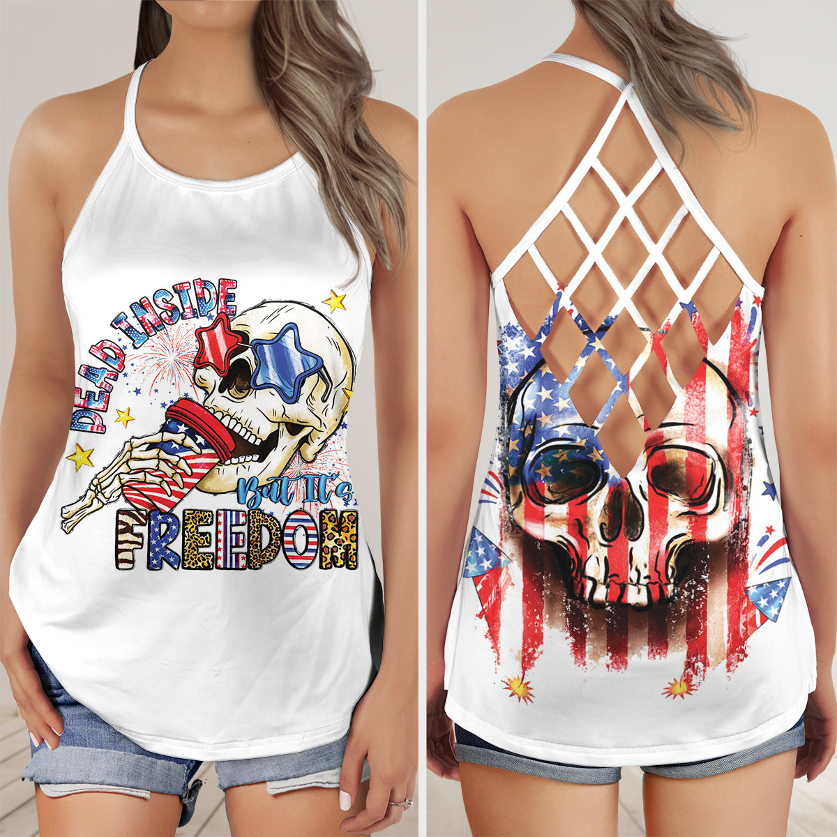 Dead Inside but it's freedom Criss Cross Open Back Tank Top