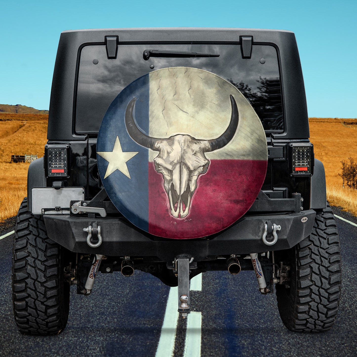 Distressed Bull Skull Texas Flag Spare Tire Cover