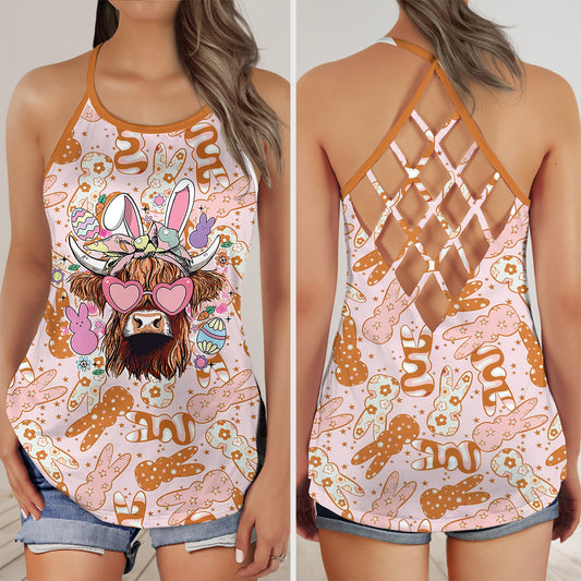 Easter Day Highland Cow Criss Cross Open Back Tank Top