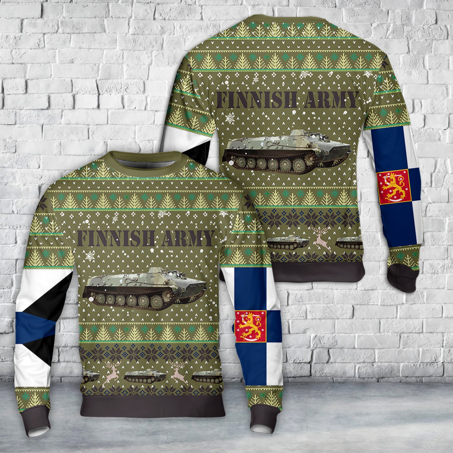 Finnish Army Maavoimat MT-LBV Armoured Personnel Carrier Christmas AOP Sweater