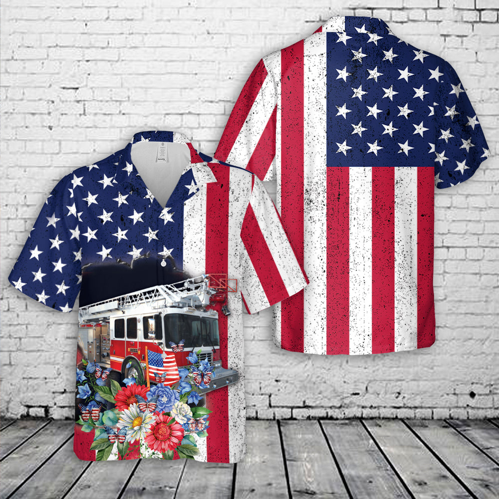 Fire Truck 4th Of July Hawaiian Shirt