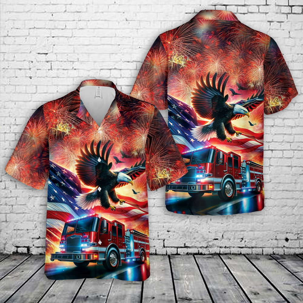 Fire Truck Patriot Eagle 4th Of July Hawaiian Shirt