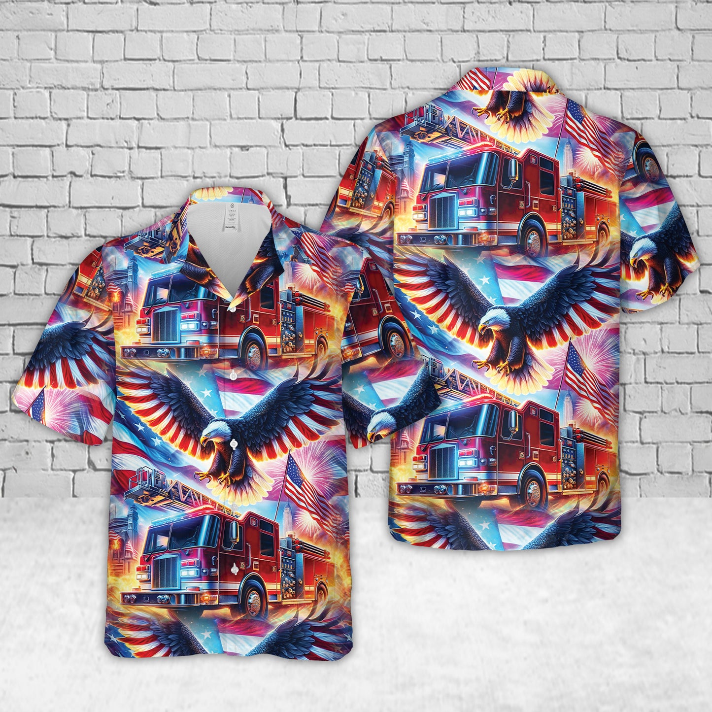 Fire Truck Patriot Eagle 4th Of July Hawaiian Shirt