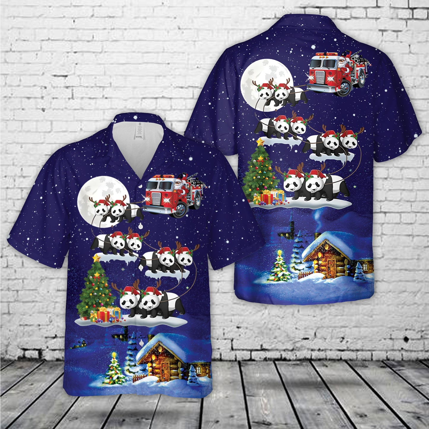 Fire Truck Santa Riding Panda Christmas Hawaiian Shirt