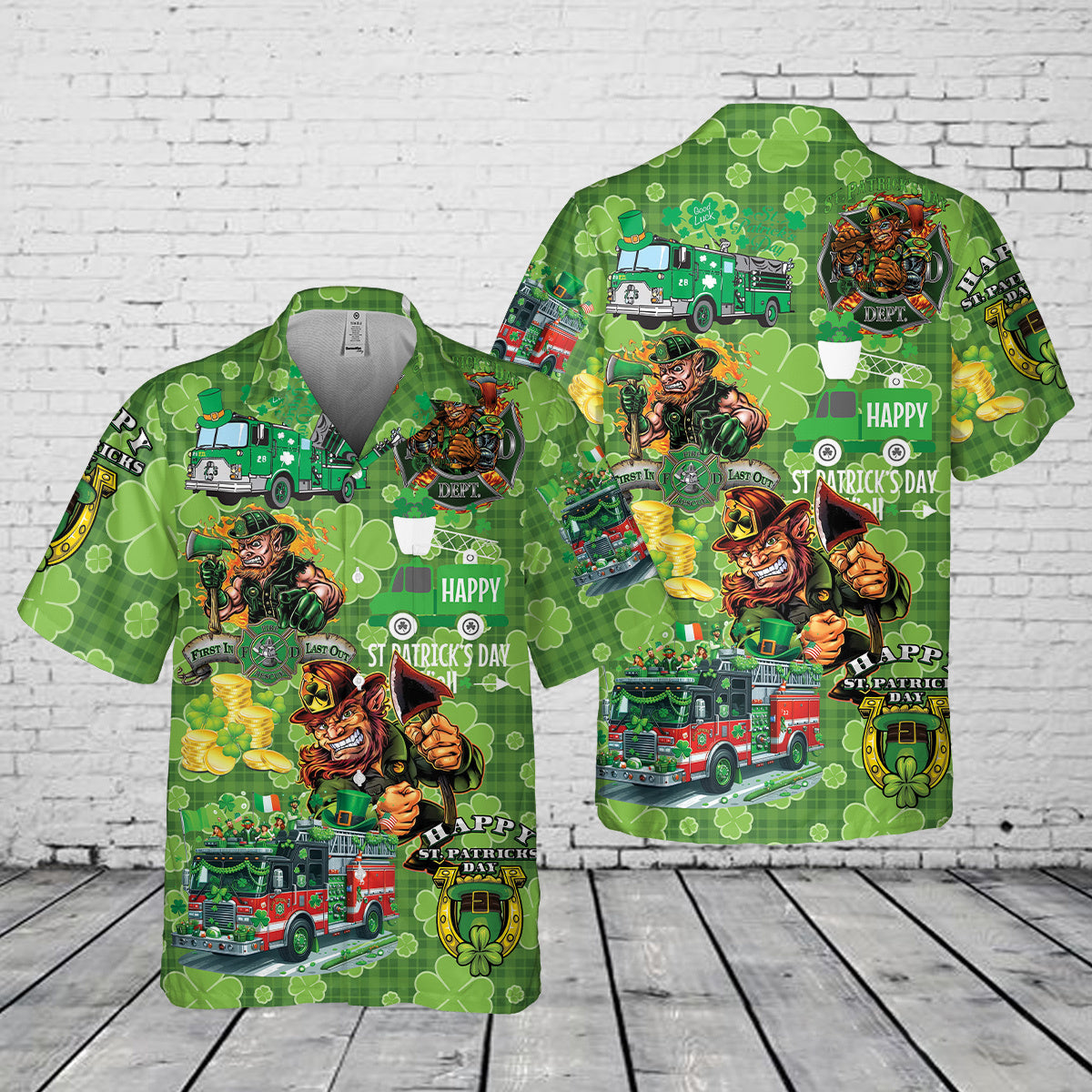 Fire Truck St Patrick's Day Pocket Hawaiian Shirt
