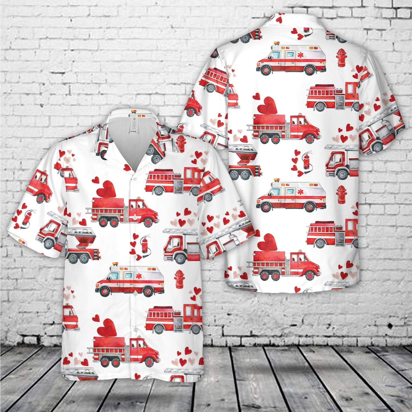 Fire Trucks and Valentine Hearts Hawaiian Shirt