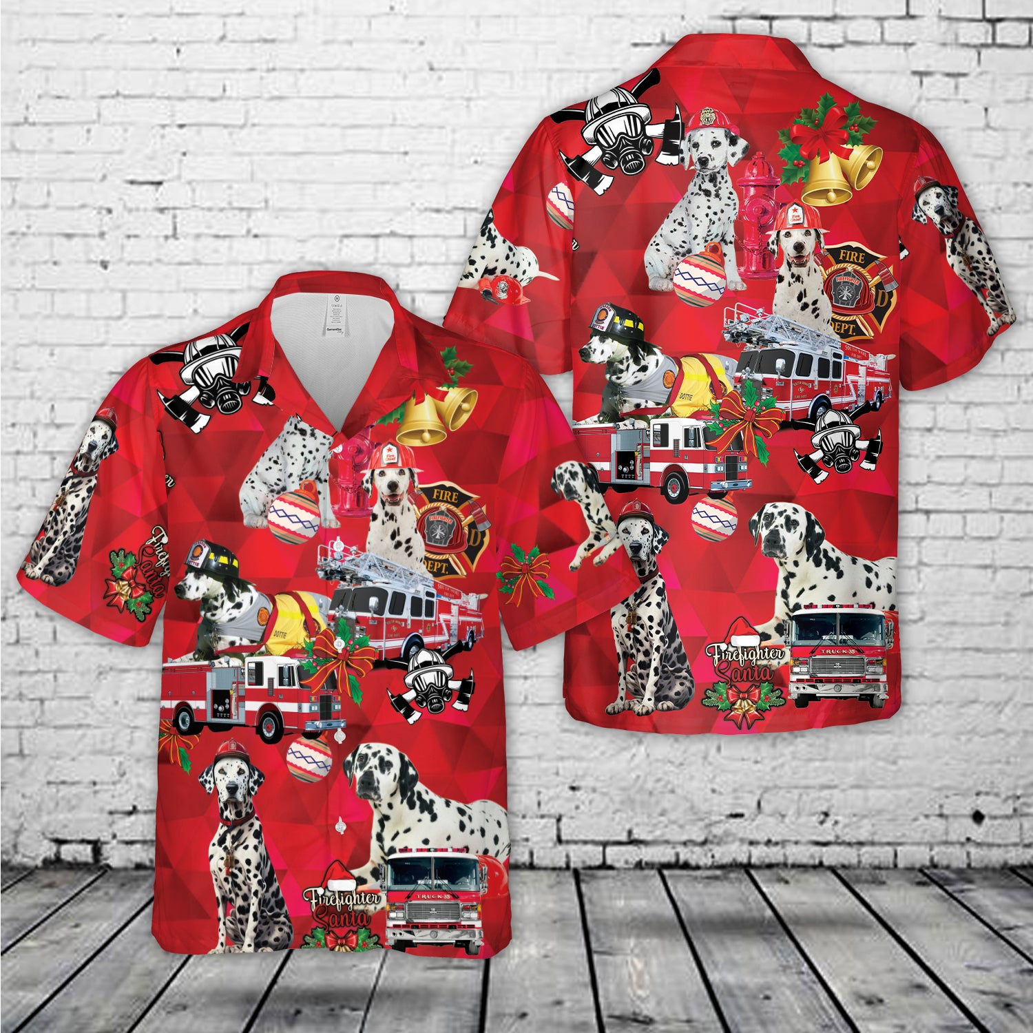 Firefighter Fire Truck And Dalmatian Fire Dog Christmas Hawaiian