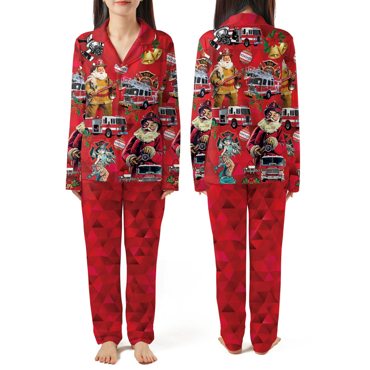 Firefighter Fire Truck Christmas AOP Piping Pajamas Set with Double Pockets