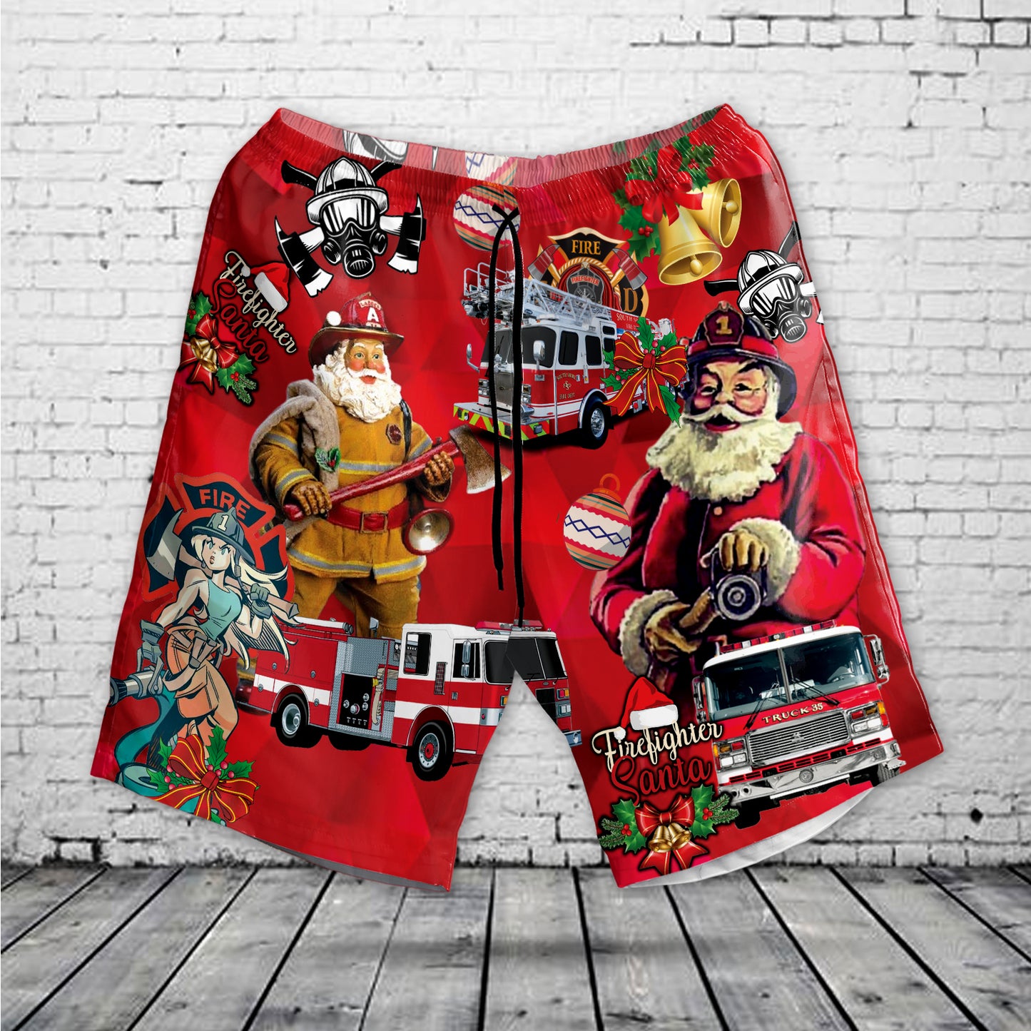 Firefighter Fire Truck Christmas Hawaiian Shorts