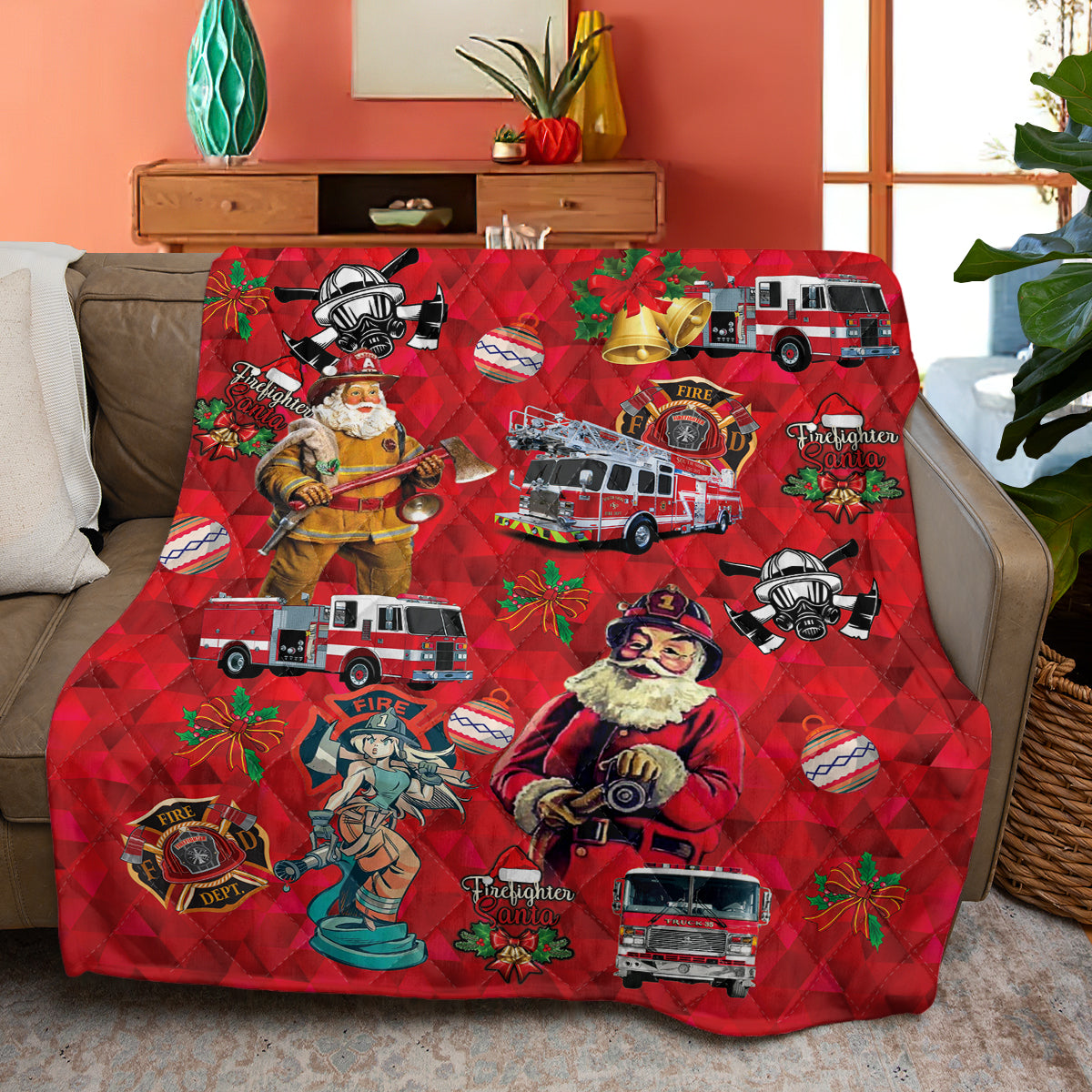 Firefighter Fire Truck Christmas Quilt Blanket