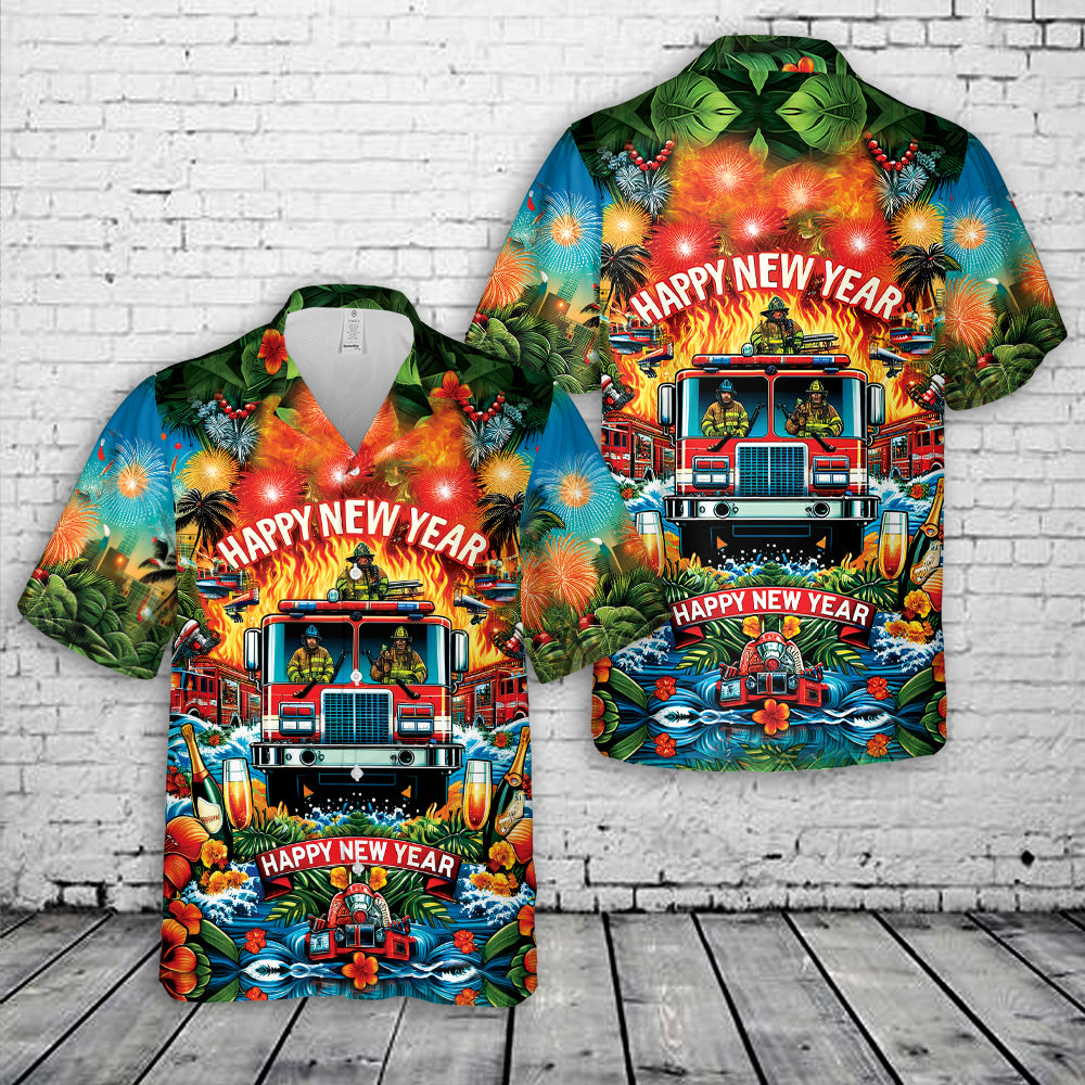 Firefighter Fire Truck Happy New Year Hawaiian Shirt