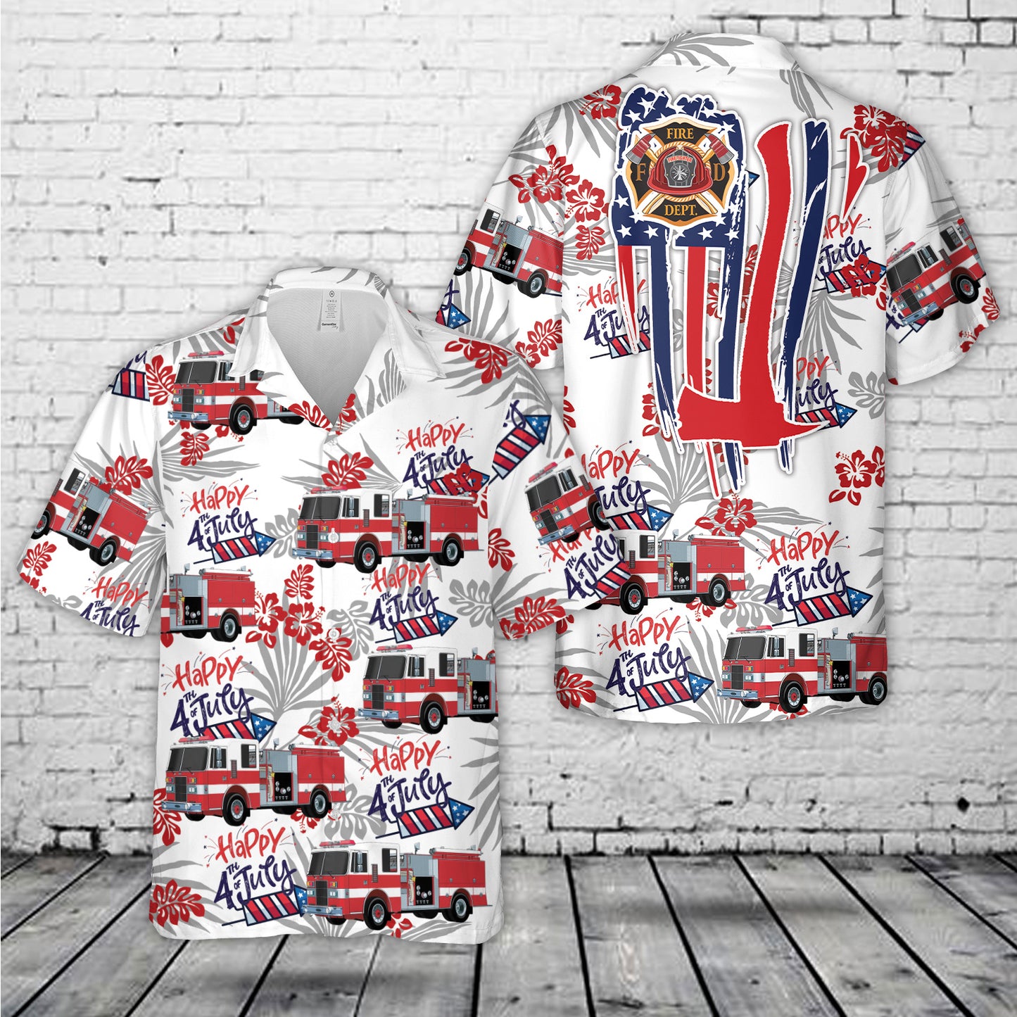 Firefighter Fire Truck, 4th Of July Hawaiian Shirt