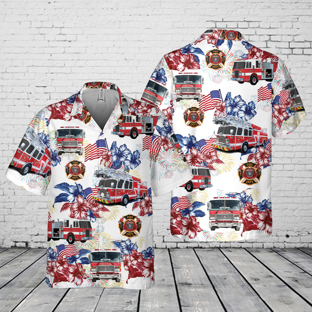Firefighter Fire Truck, 4th Of July Pocket Hawaiian Shirt