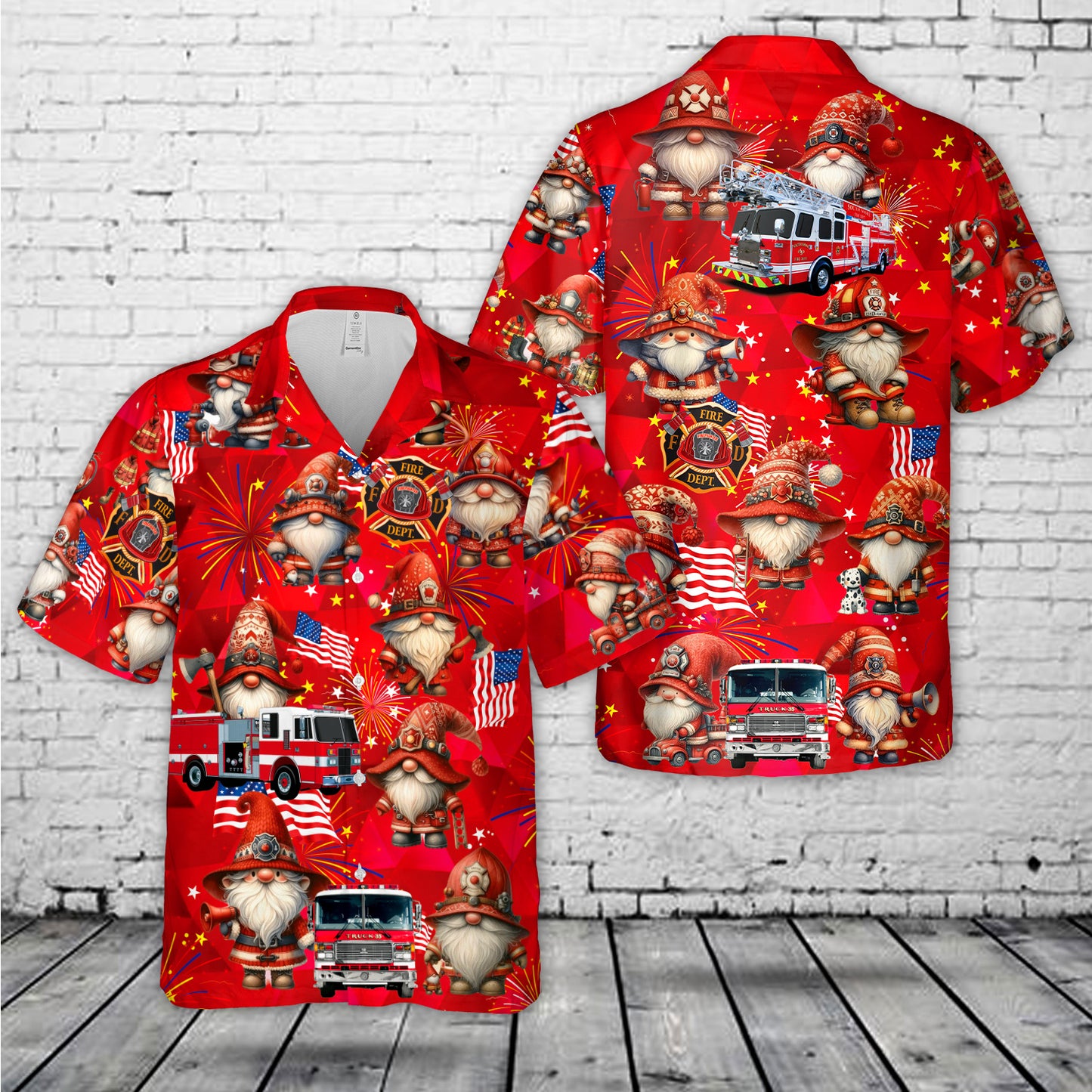 Firefighter Gnome Firefighter Fire Truck 4th of July Hawaiian Shirt