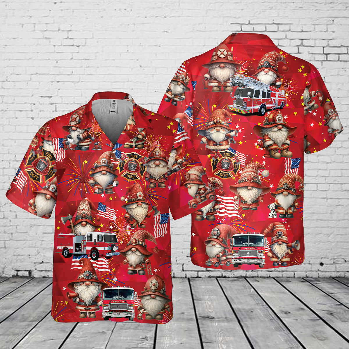 Firefighter Gnome Firefighter Fire Truck 4th of July Pocket Hawaiian Shirt